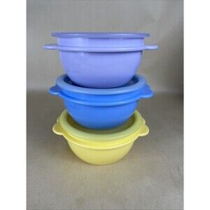 VTG Tupperware 6 Pc Pastel Bowls 2514 Yellow Purple Blue w/Lid Interior Marks